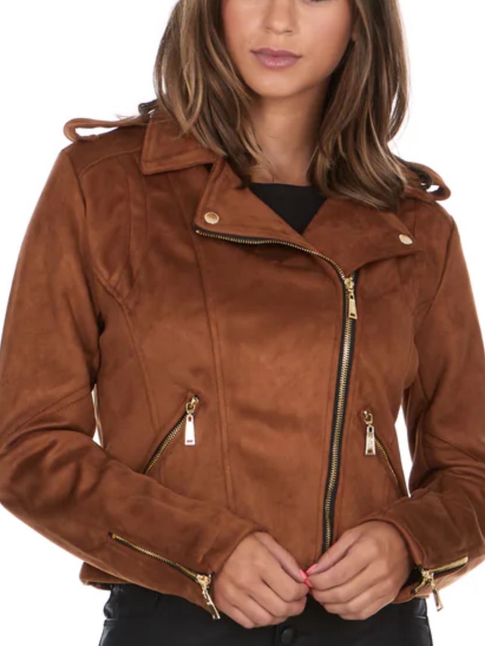 Women's Brown Suede Moto Jacket with Gold Hardware